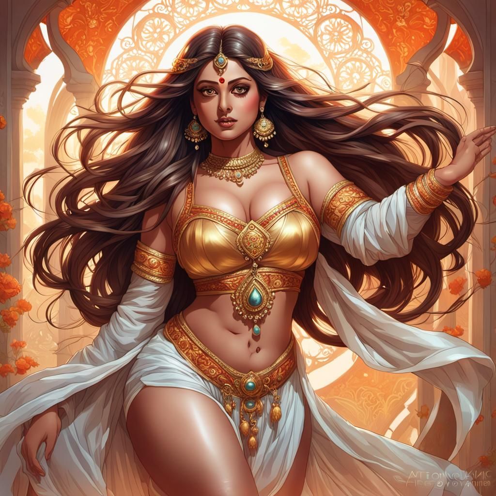 Voluptuous Indian Woman in Satin Bloomers, Detailed Portrait