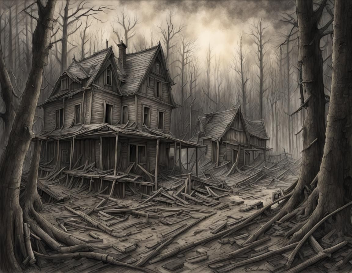 abandoned town slowly being reclaimed by forest.