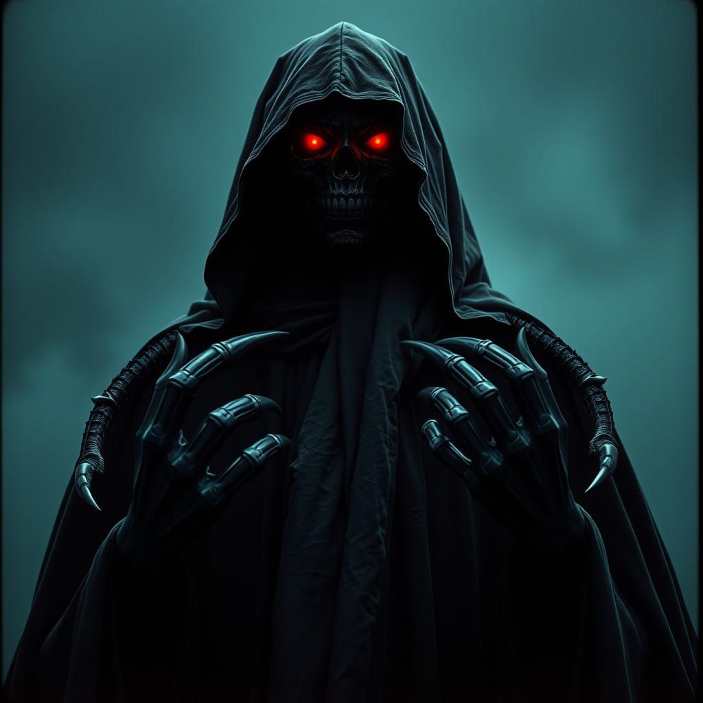 Dark, Ominous Figure with Red Eyes and Long Arms