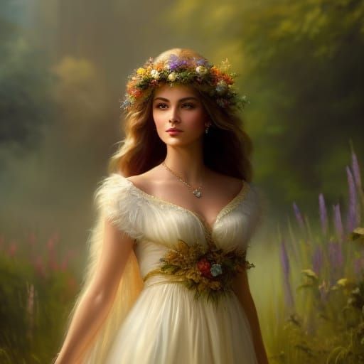 Enchanting Ethereal Summer Siren in Vibrant Blooming Meadow