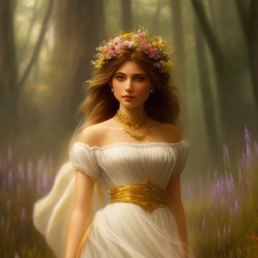 Ethereal Summer Witch in Flower Meadow, Hyperdetailed Fantas...