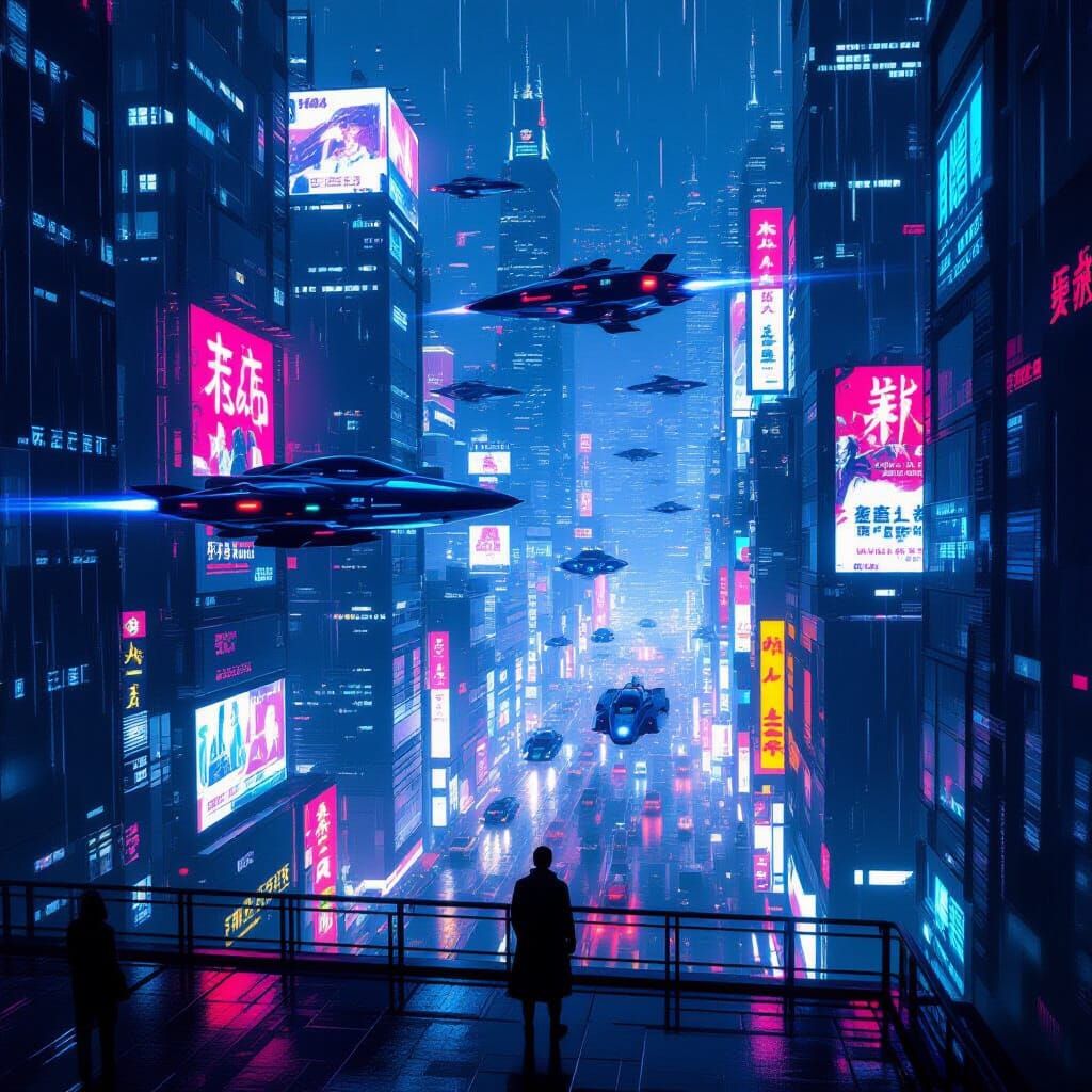 Cyberpunk Cityscape at Night with Flying Vehicles