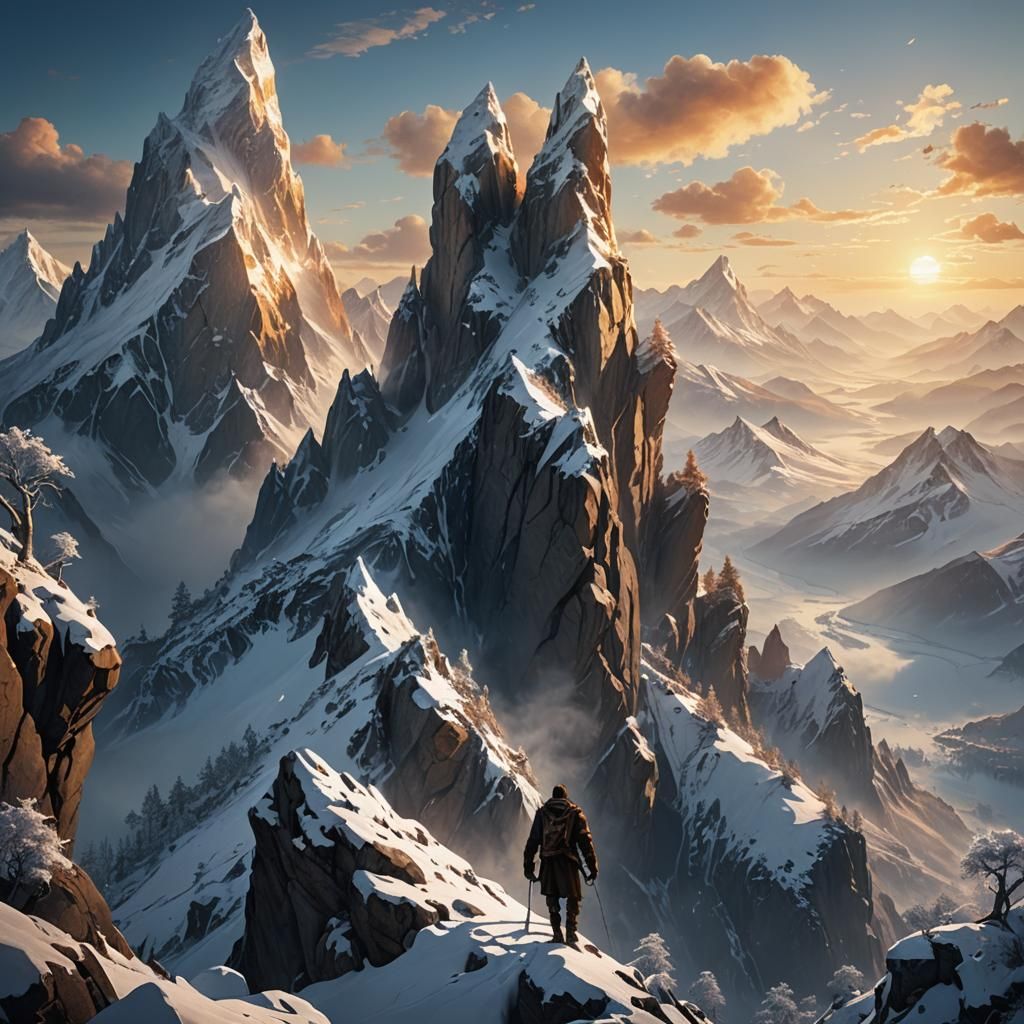 Epic Mountain Climber in Golden Sunrise Light