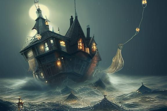 Ghost Ship on Rough Sea in Dark Academia Style
