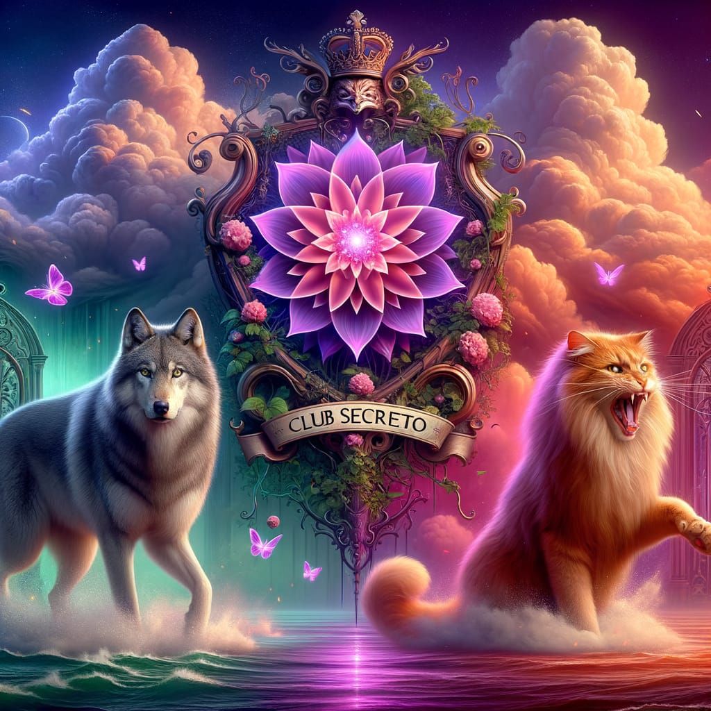 Elegant Coat of Arms in Fantasy Landscape with Gray Wolf and...