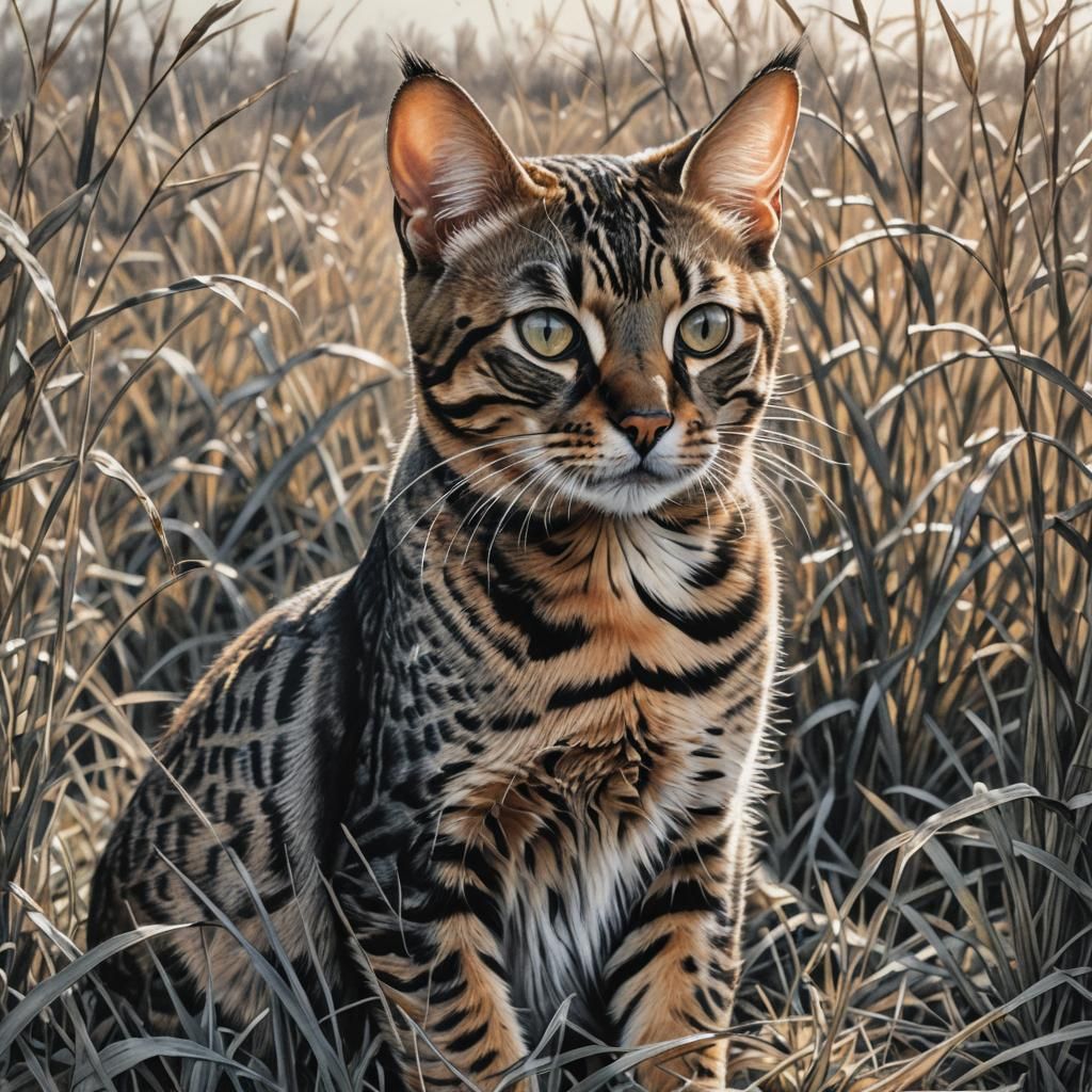 Bengal Cat in Winter Field: Charcoal Drawing