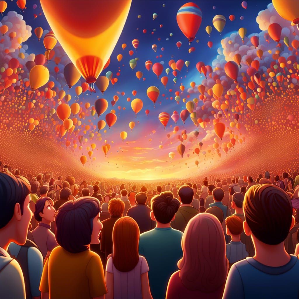 People crowd are staring at the sky while open mouths and being shocked, pixar movie art, cartoon art, warm colors, 8k r...