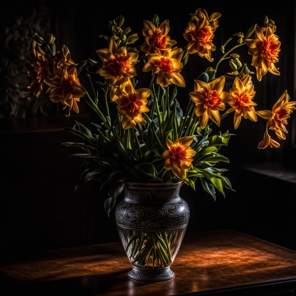 Chiaroscuro Flowers: Hyperrealistic Still Life