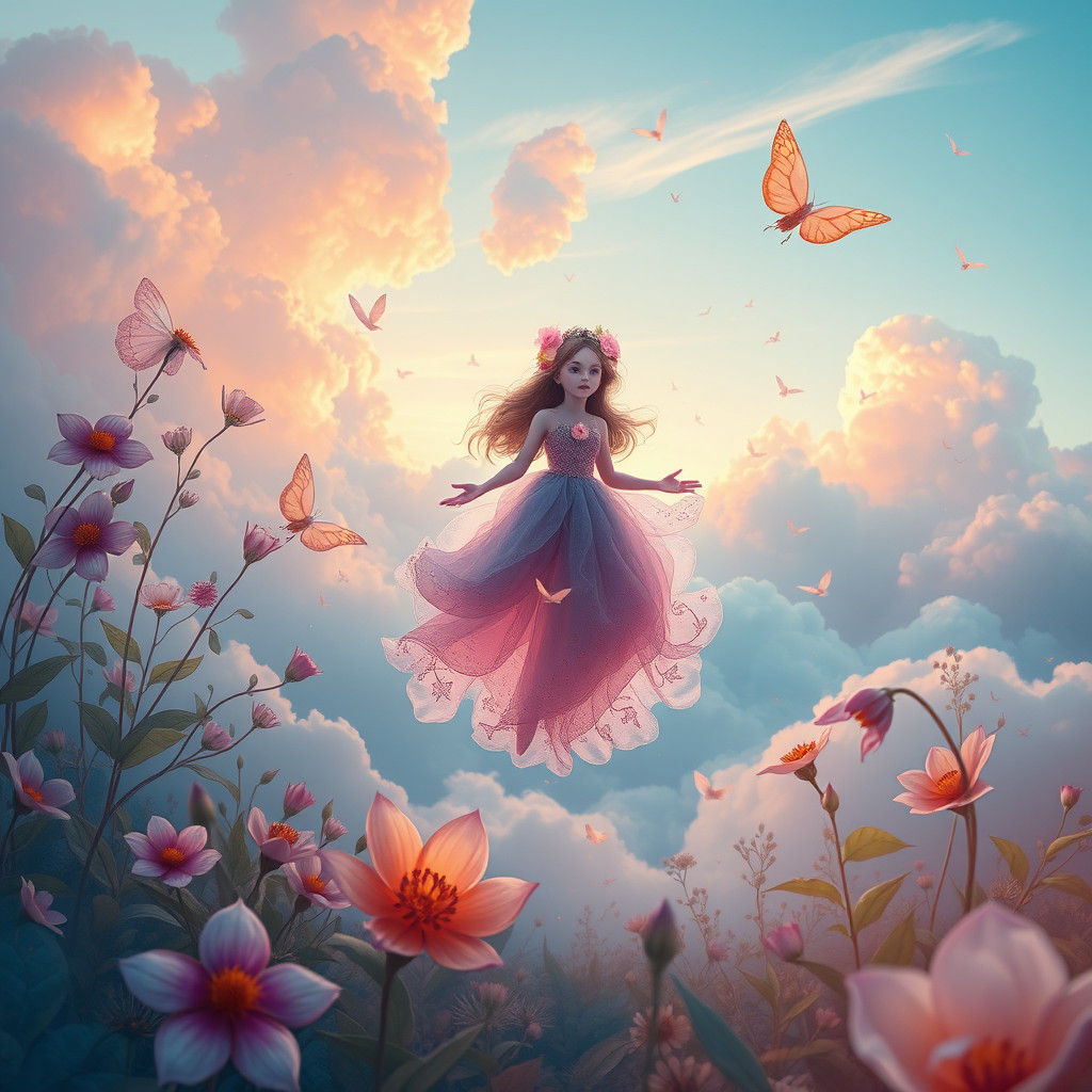 Mystical Flower Girl in Dreamy Clouds