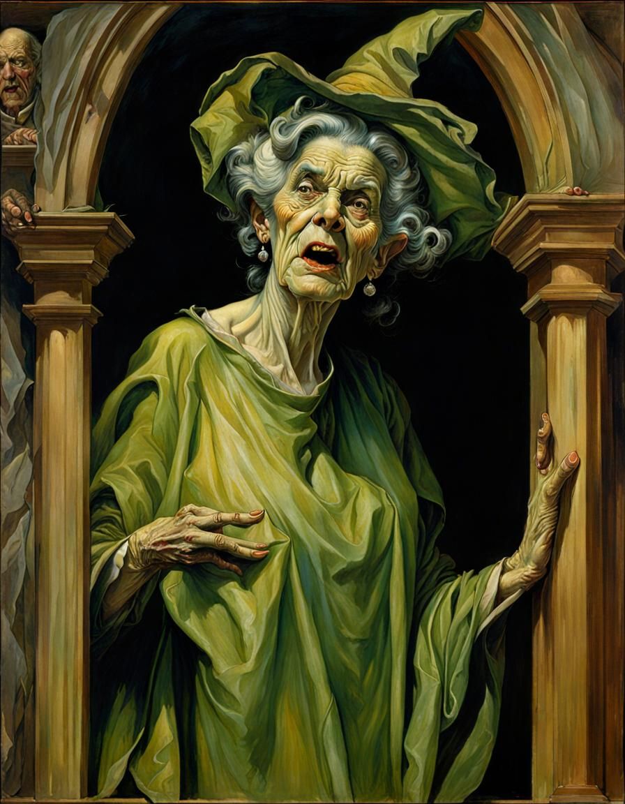 Repulsive Witch Crone in Dark Hut: Chiaroscuro Painting