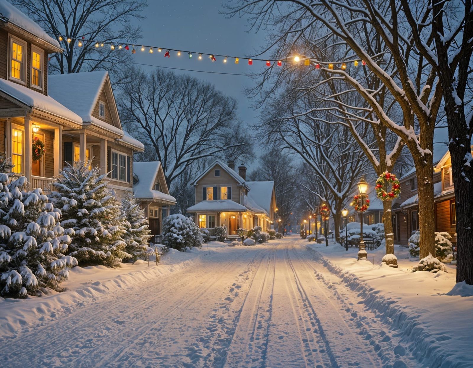 Twilight Snow Scene with Festive Golden Glow