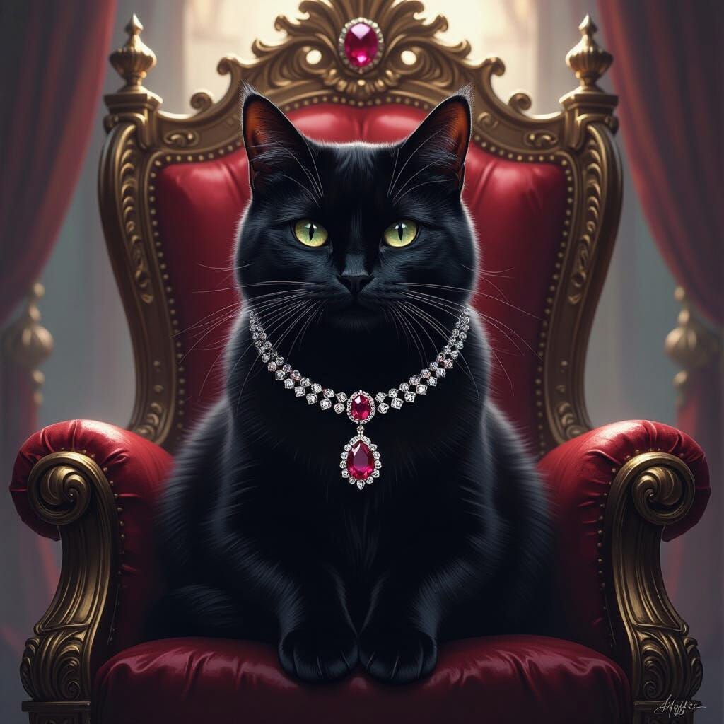 Majestic Black Cat on Throne in Hyperrealistic Digital Paint...