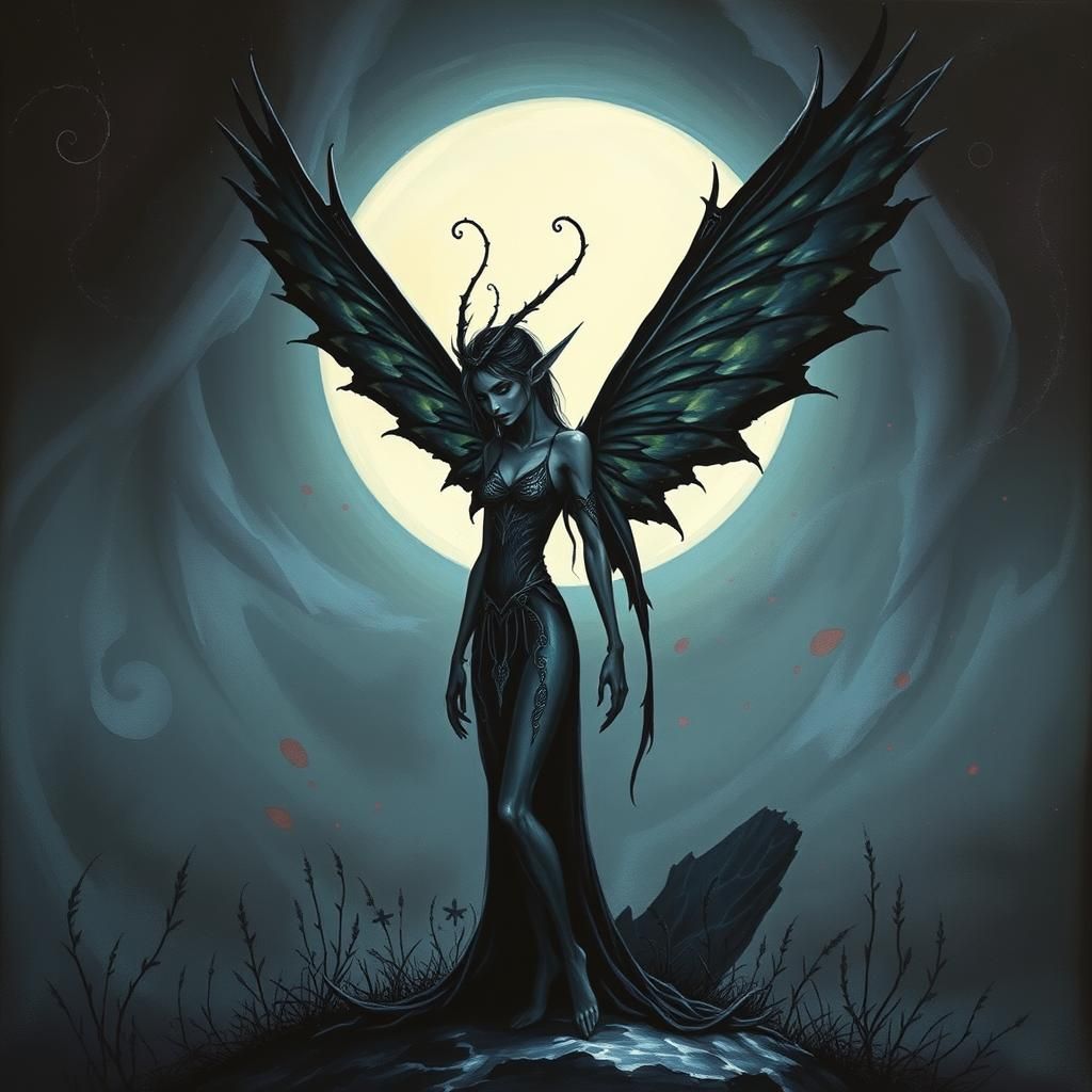 Mournful Fairy Elf with Glowing Wings as Impasto