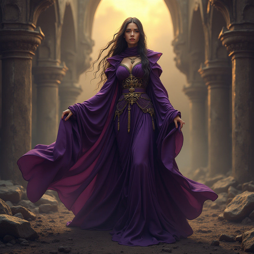 Majestic Goddess in Mystical Ruined Landscape