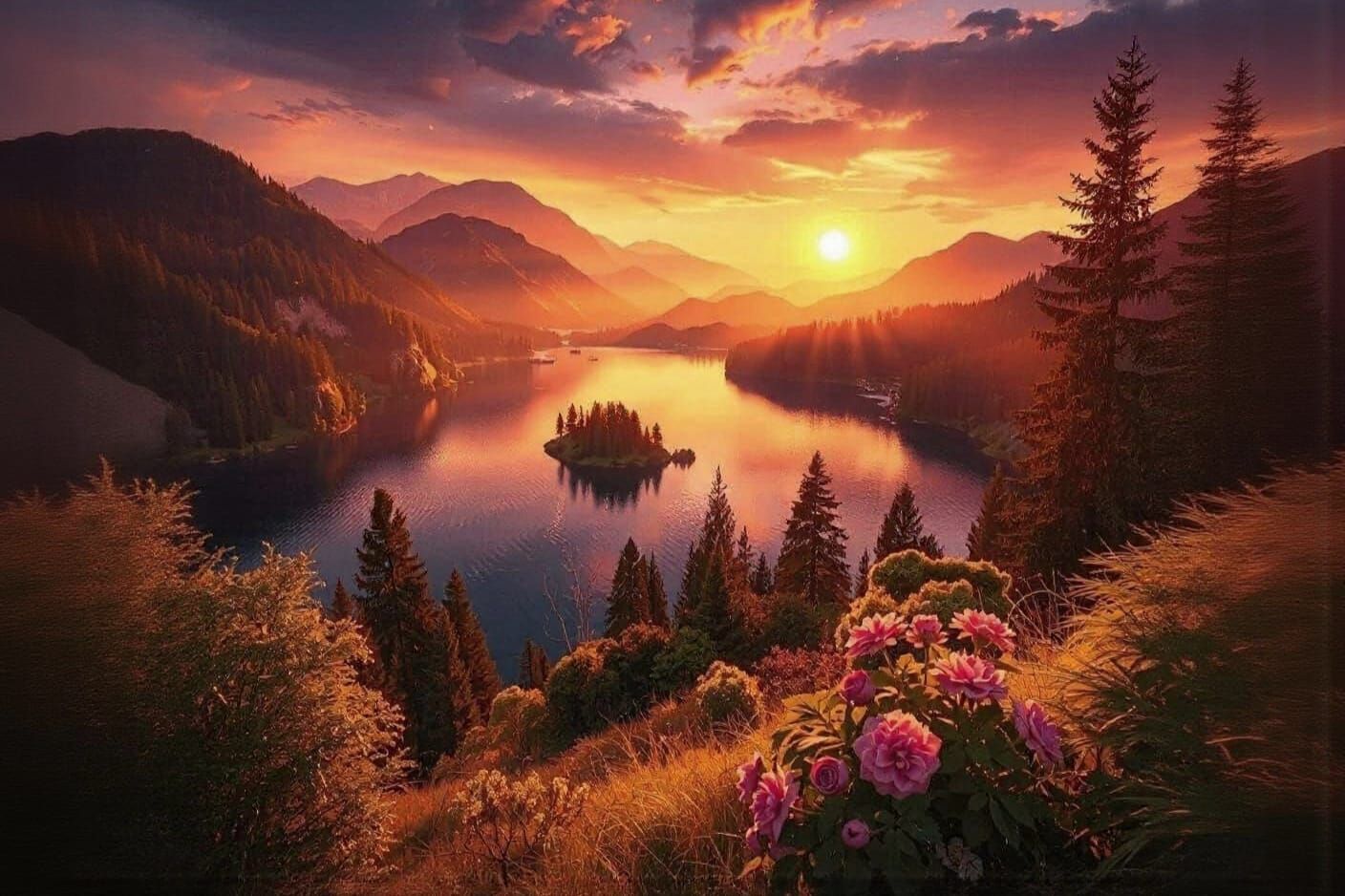 Tranquil Sunset Landscape Generated by AI