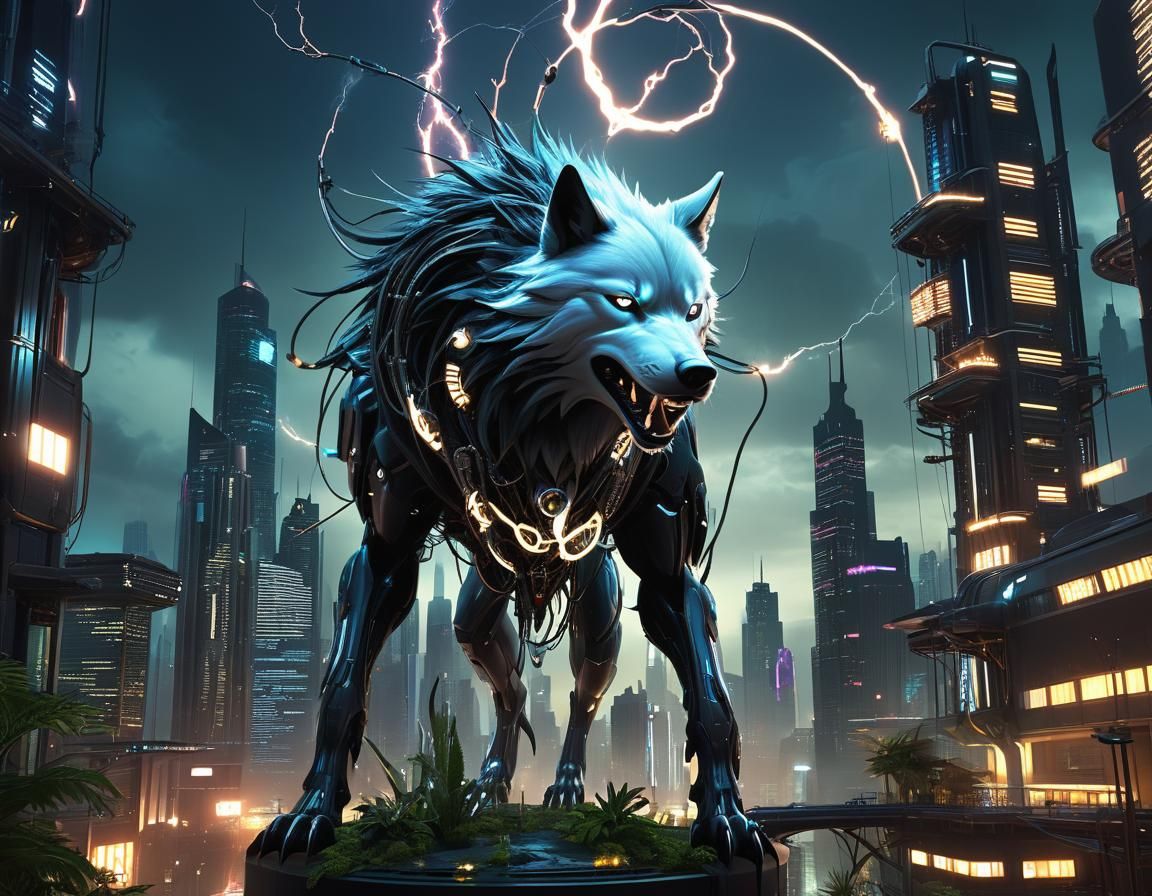 Biopunk Lightning Scene in Dystopian City