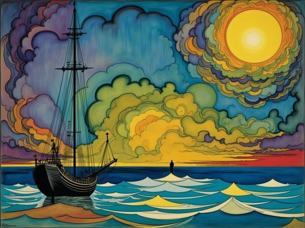 Contemplative Sailor at Sunset in Romantic Abstract Style