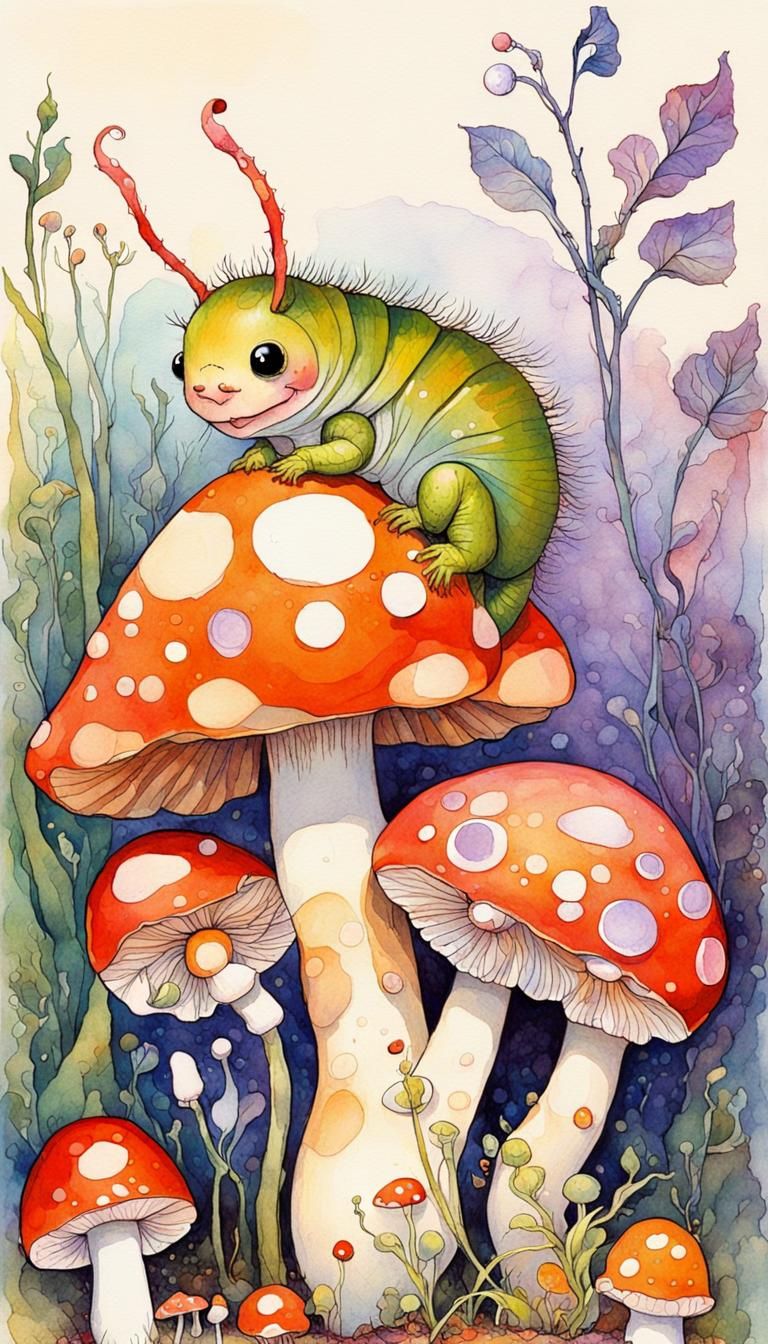 Happy Caterpillar on Mushroom in Fae Art Style