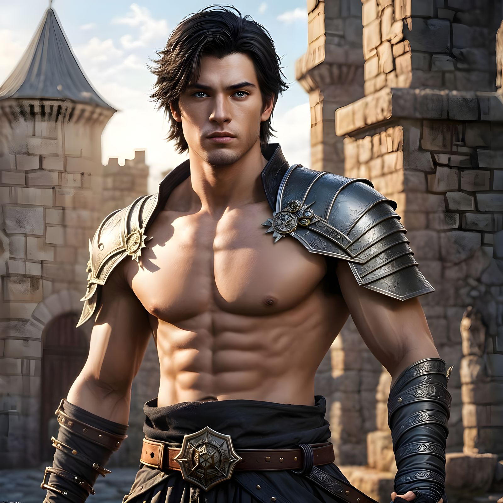 Attractive Young Swordsman on Castle Patio