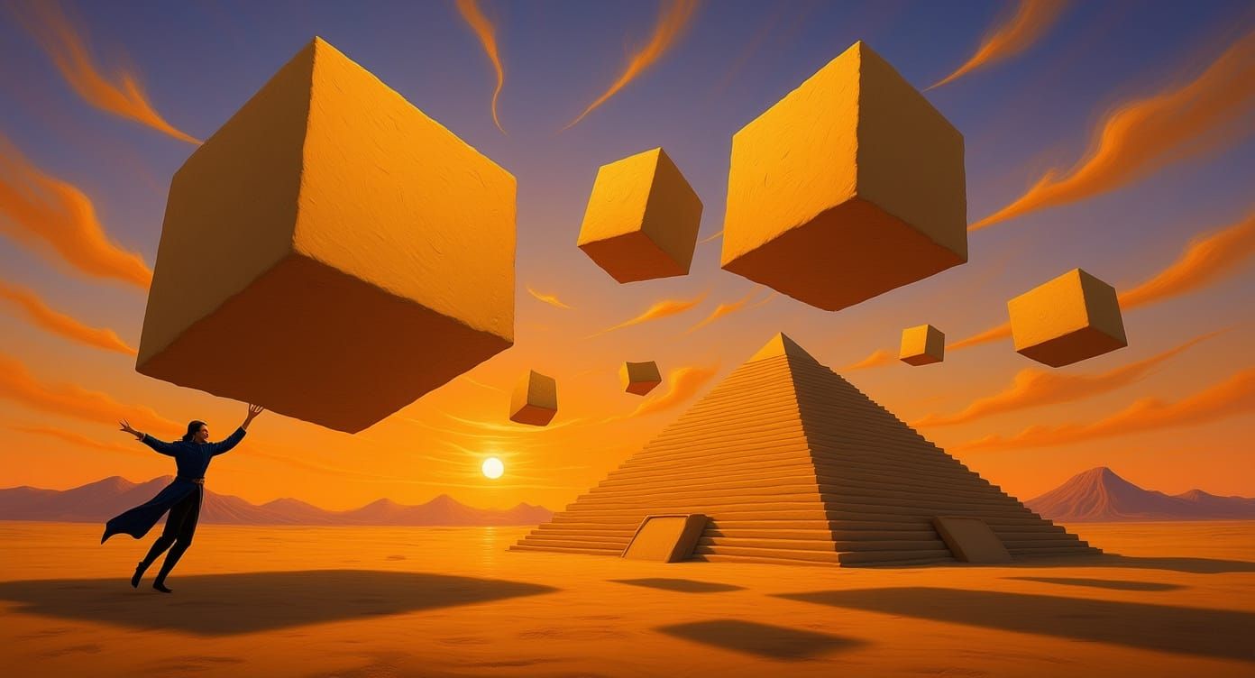 Sorcerer Builds Pyramids in Surreal Desert Landscape