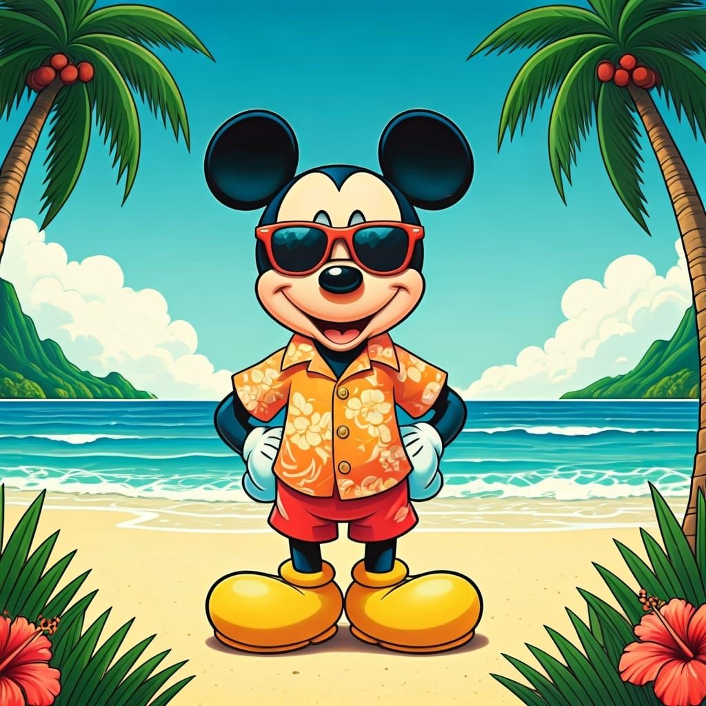 Mickey Mouse's Hawaiian Holiday in Pop Surrealist Style