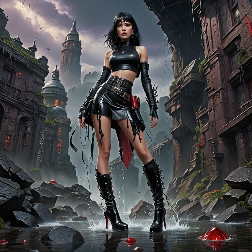 Wet Look Rock Girl in Red Stockings