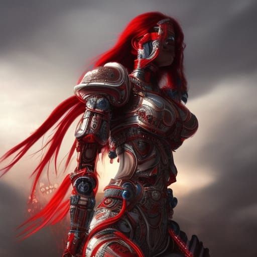 Beautiful Red Robot Warrior Goddess: Digital Matte Painting