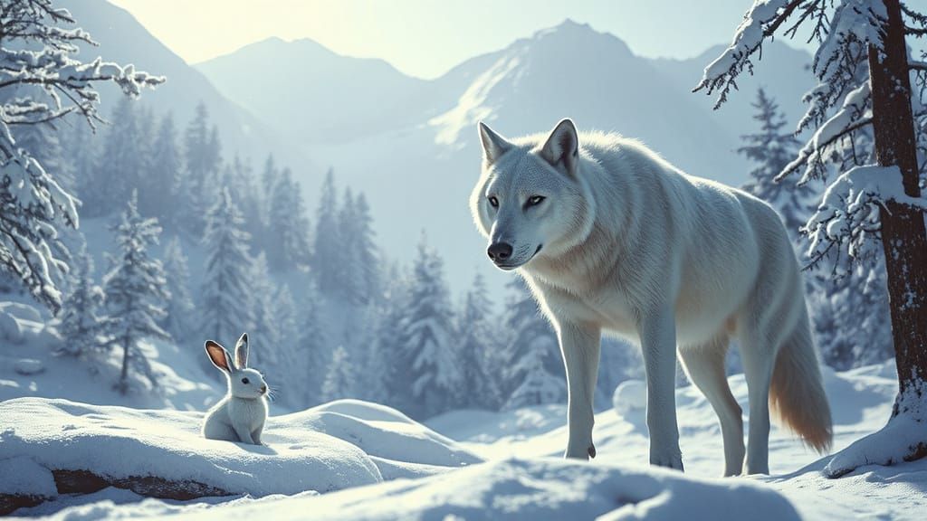 White Rabbit and Wolf Friends in Snowy Forest