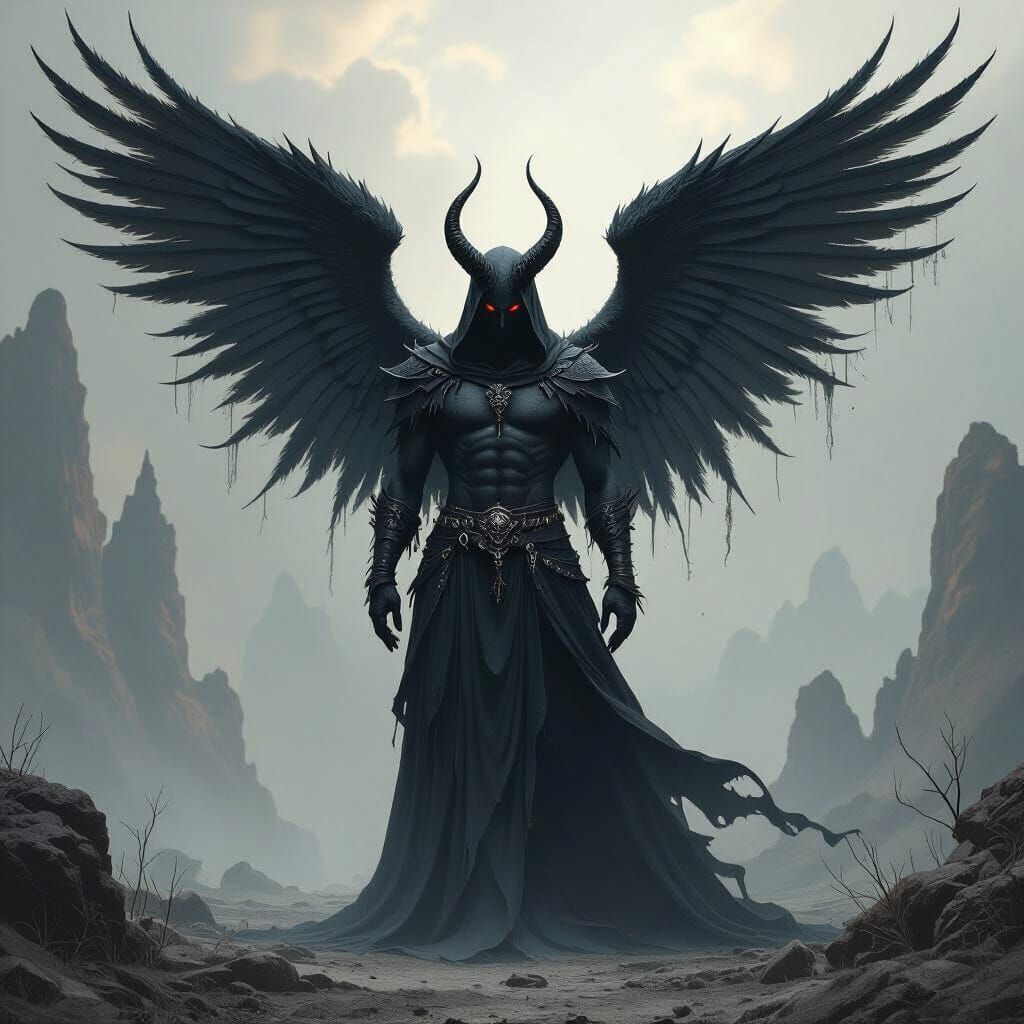 Demonic Figure with Angelic Wings in Mystical Realm