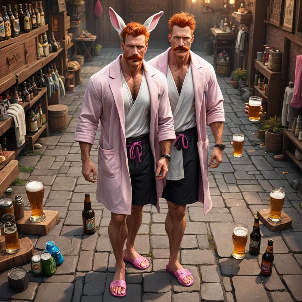Muscular Redhead in Pink Bathrobe: Detailed Digital Painting