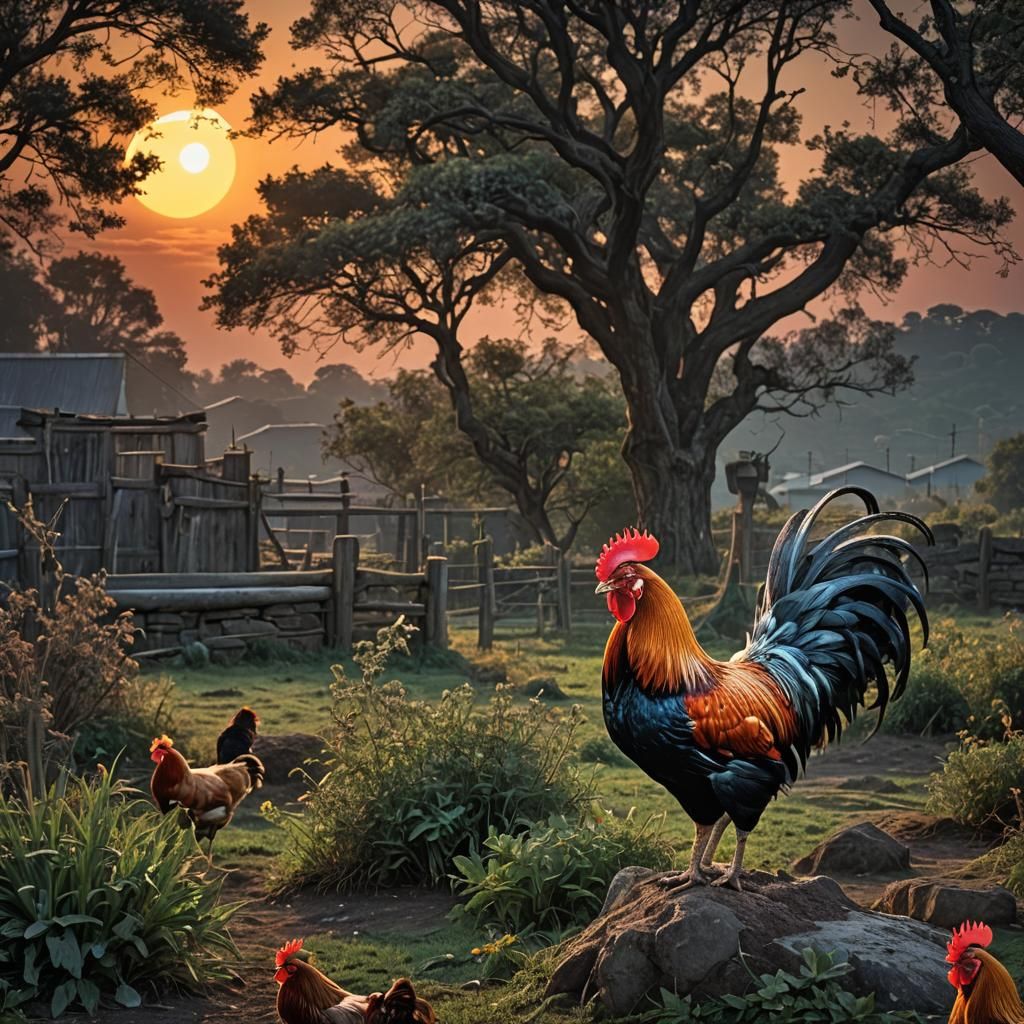 Sunset Moonrise Cockerel in Hyperrealistic Style