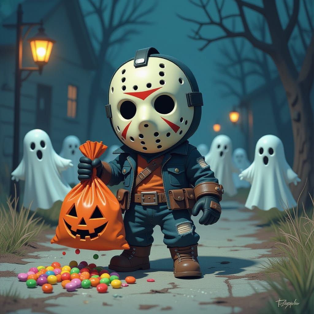 Super Deformed Jason Cosplayer With Candy Bag on Halloween N...