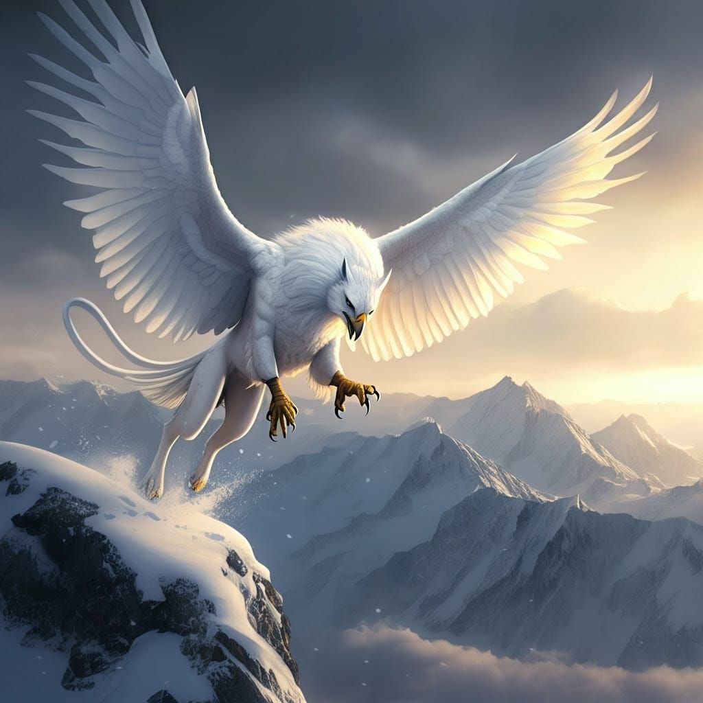 Majestic White Griffin Defies Gravity on Snowy Mountain Peak