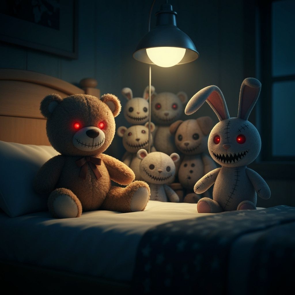 Mischievous Plush Toys: A Darkly Whimsical Scene
