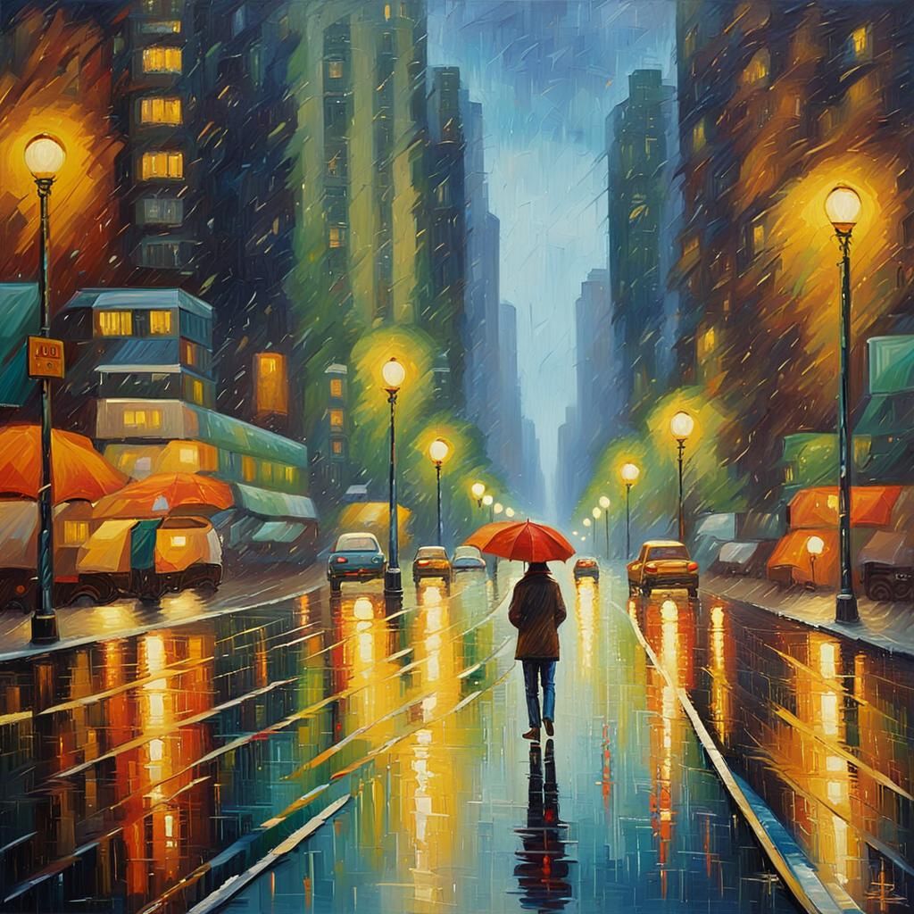 Rainy Cityscape in Neo-Impressionist Oil Painting