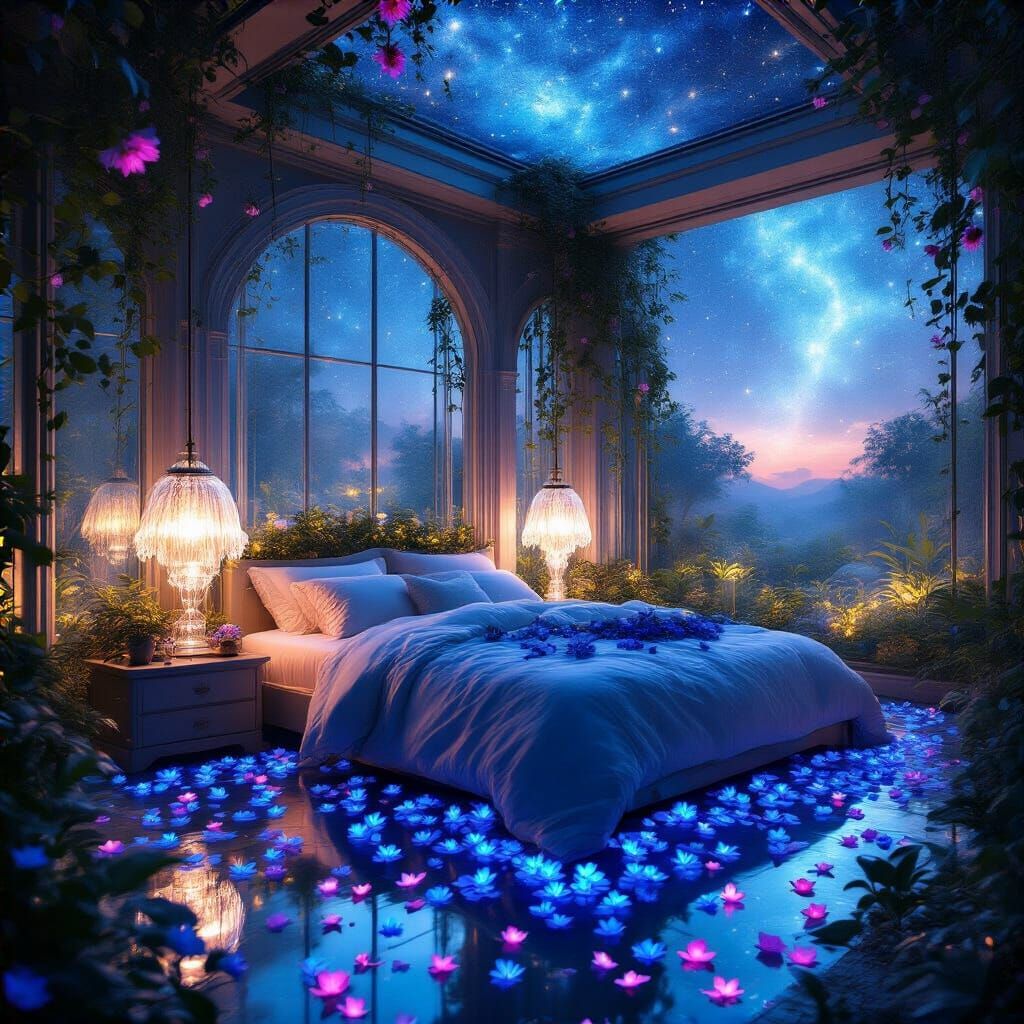 Breathtaking Bedroom With Bioluminescent Garden & Alien Sky