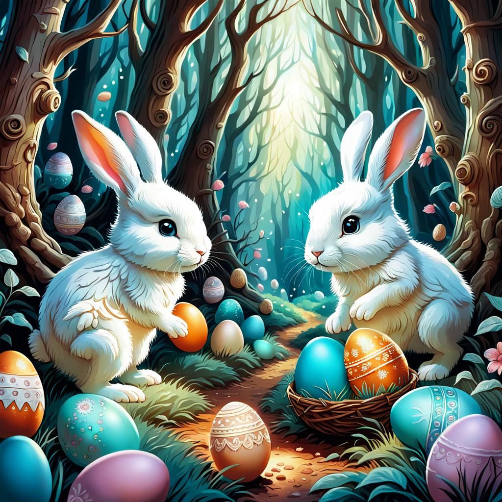 Whimsical Rabbits Find Decorated Eggs in Magic Forest