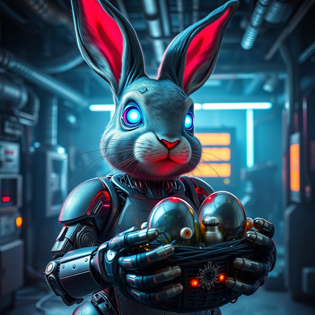 Cyberpunk Easter Bunny Cyborg in Neon Laboratory