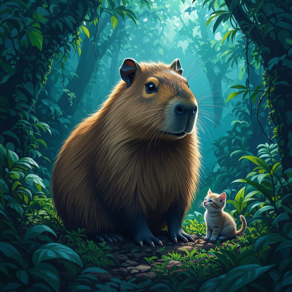 Capybara Kitten Feet in Lush Forest, Matte Painting