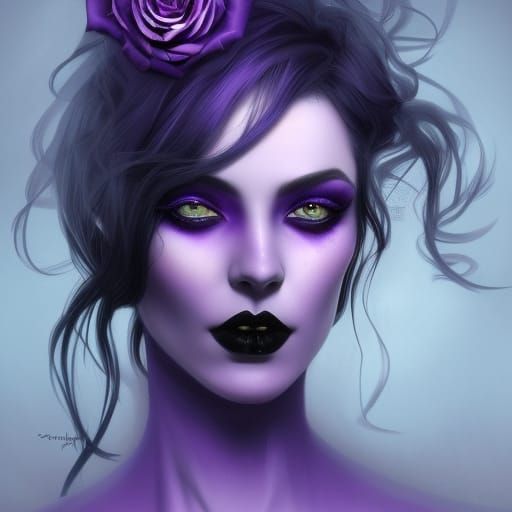Beautiful Gothic young lady with Black roses in her purple hair& shimmery purple eyeshadow& shimmery purple eyeliner& Bl...