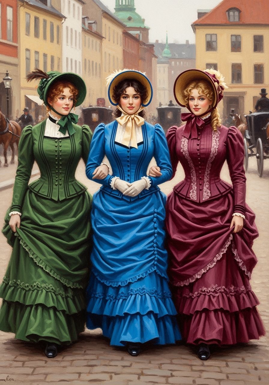 Victorian Women Stroll Copenhagen Street as Oil Painting