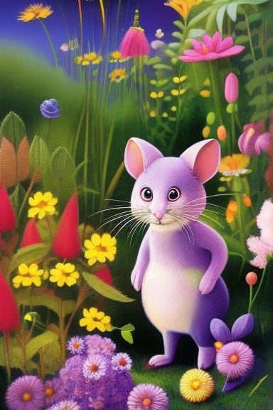 Playful Mouse in Garden, Cartooncore Digital Art