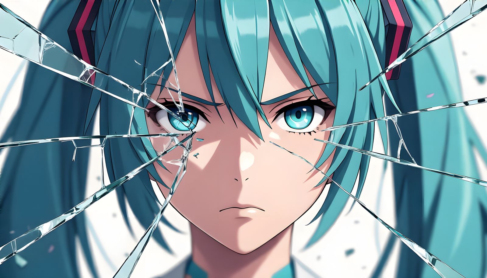 Hatsune Miku Portrait with Cracked Glass - Realistic Anime