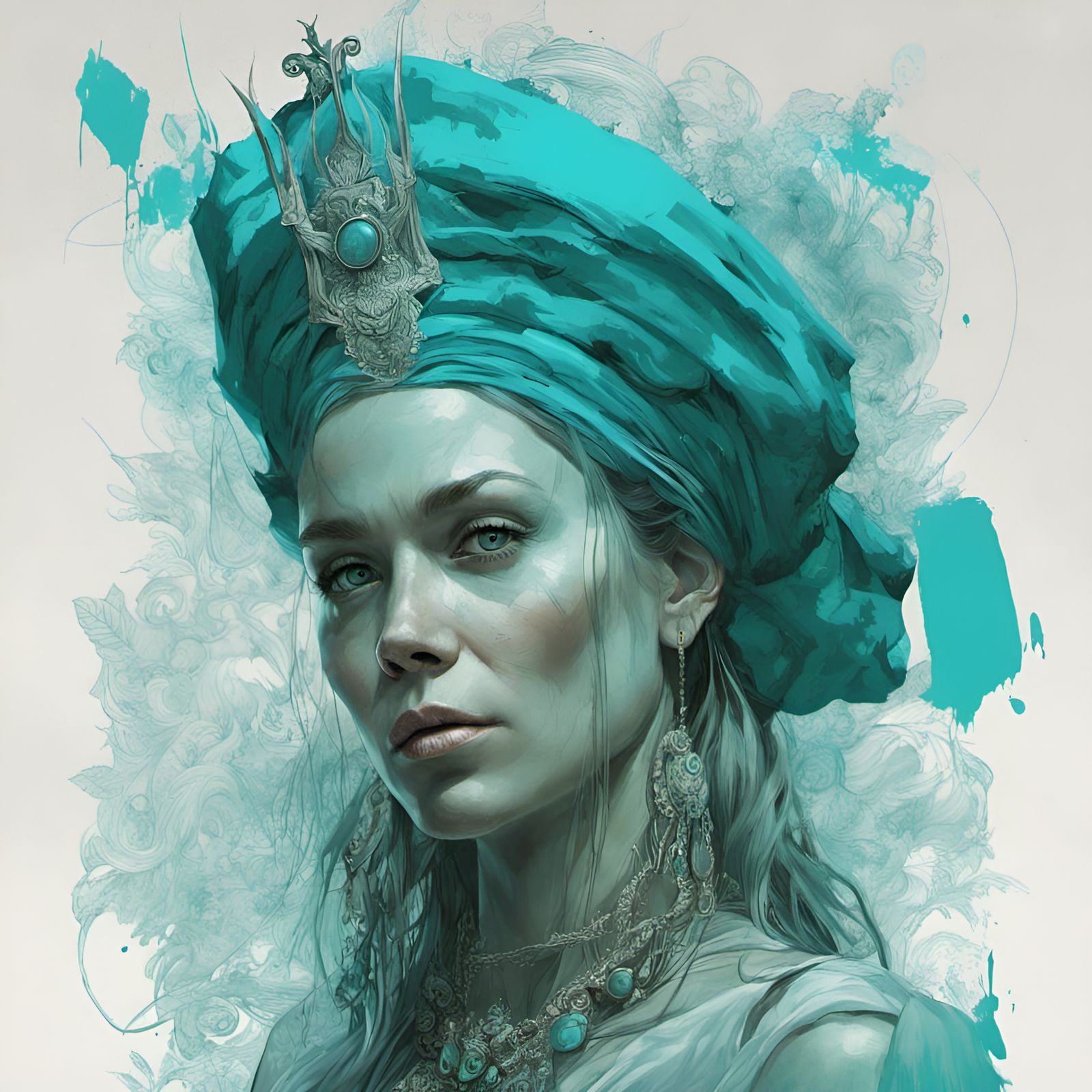 Portrait of a Turquoise Queen in Digital Illustration