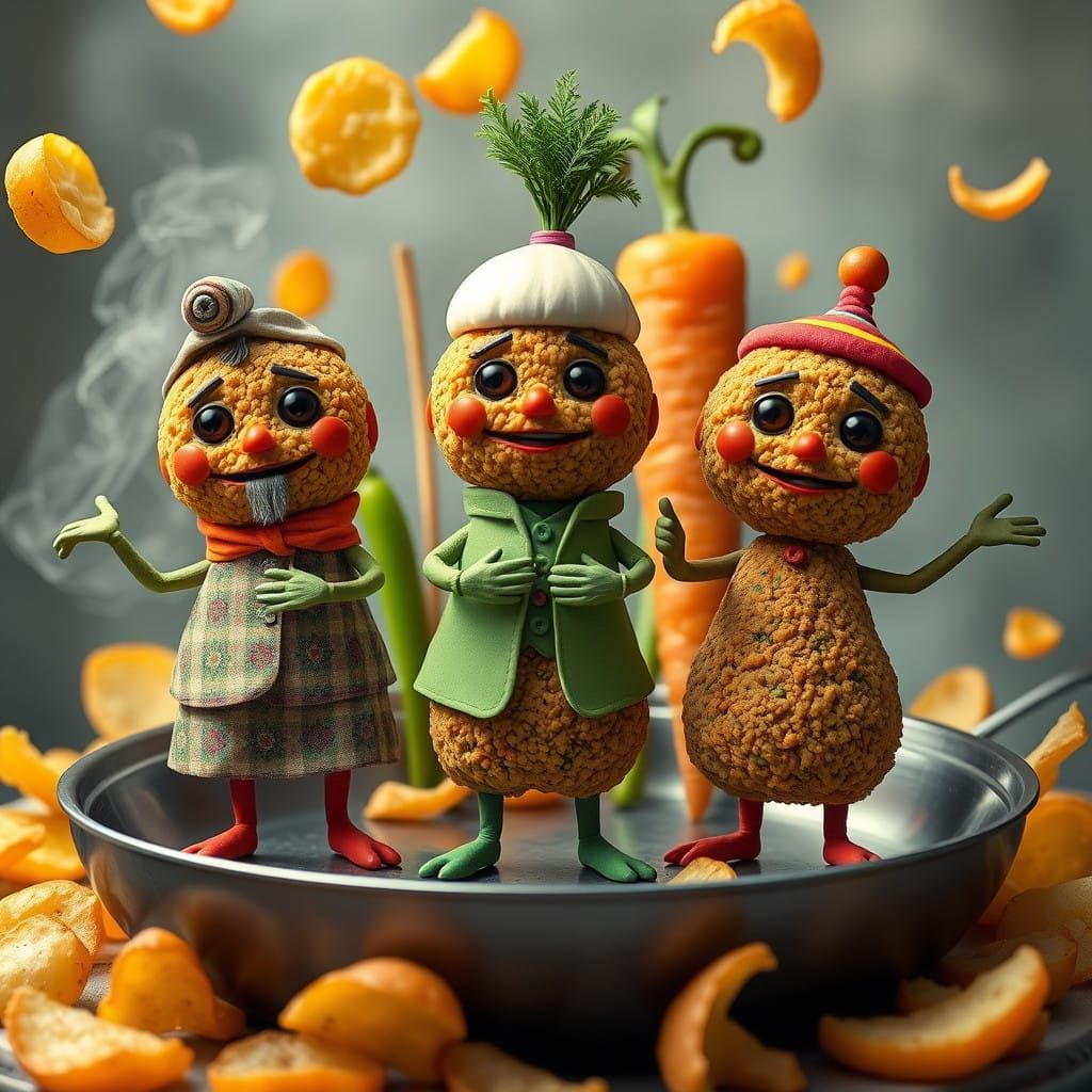 Vibrant Falafel Dancers in a Fantastical Pan
