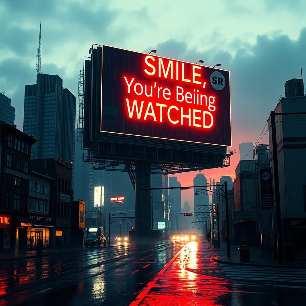 Retro-Futuristic Dystopian Cityscape with Ominous Billboard