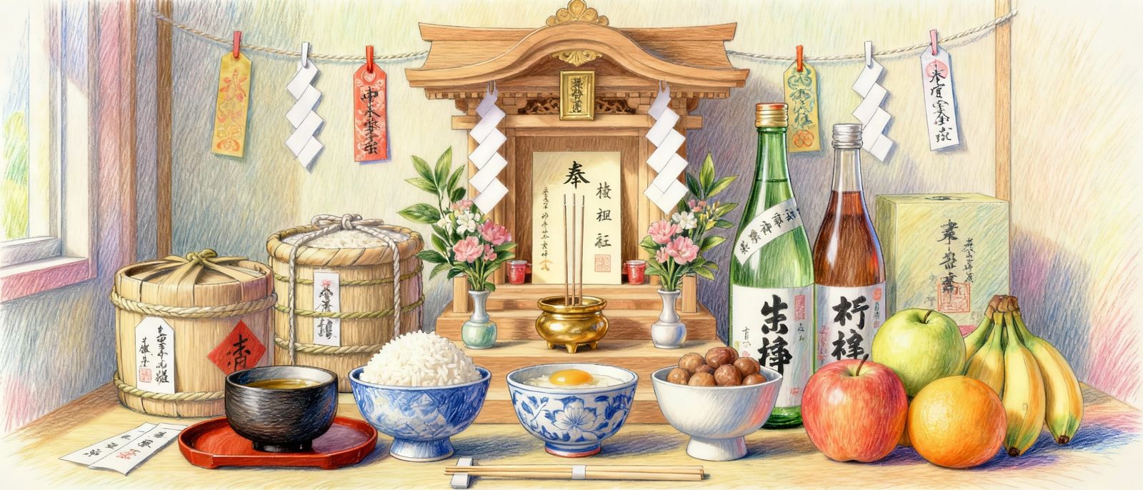 Exquisite Colored Pencil Drawing of a Home Shinto Shrine