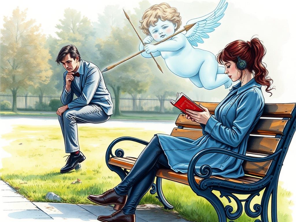 Man on Bench with Cherub Aimed at Woman