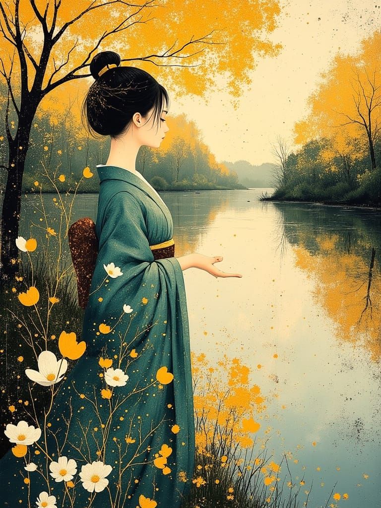 Japanese Woman in Spring Garden, Impressionistic Style