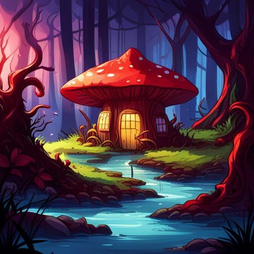 Enchanted Mushroom House in Magic Swamp, Comic Book Art